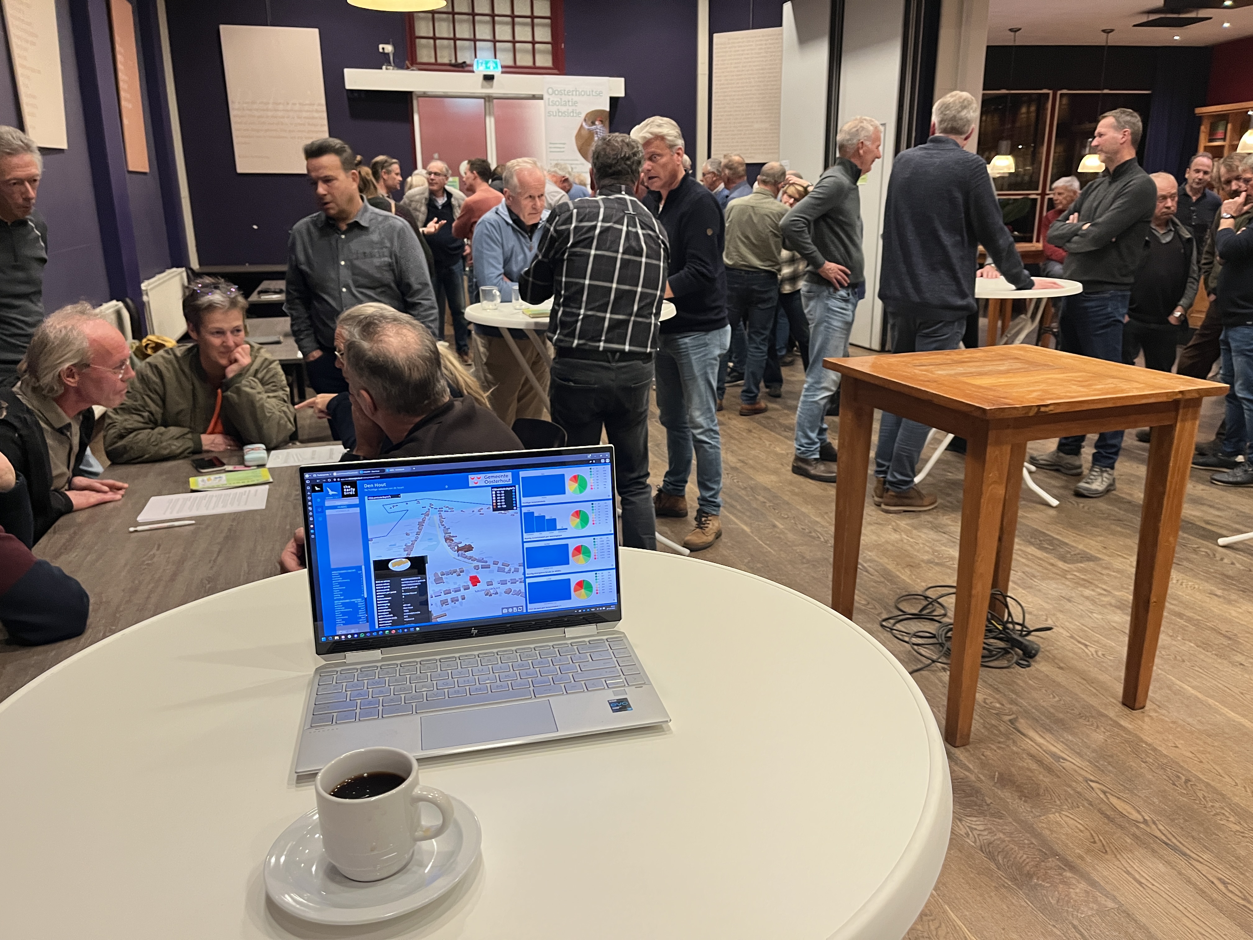 Bewoners en professionals op een kick-off, met de buurtkaart open op een laptop.