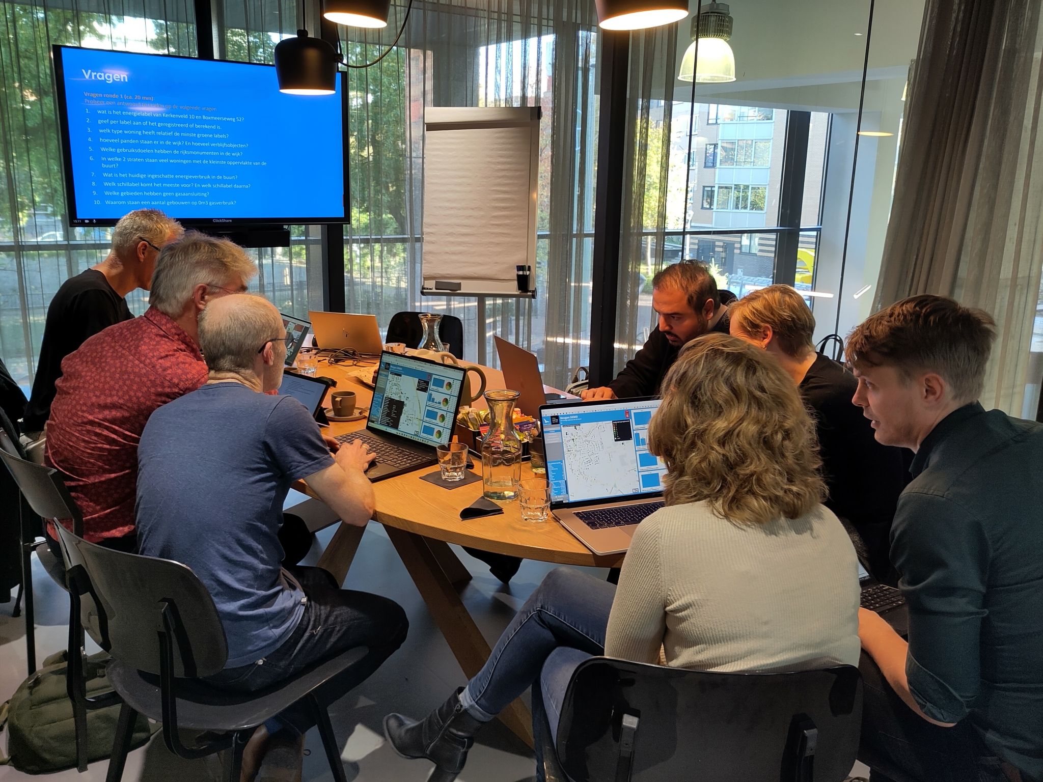 Werkgroep aan tafel met laptops en kaarten van de buurt.